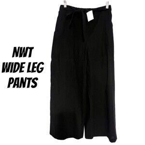 NWT Women's Wide leg pants - black linen elastic waist - Medium Casual